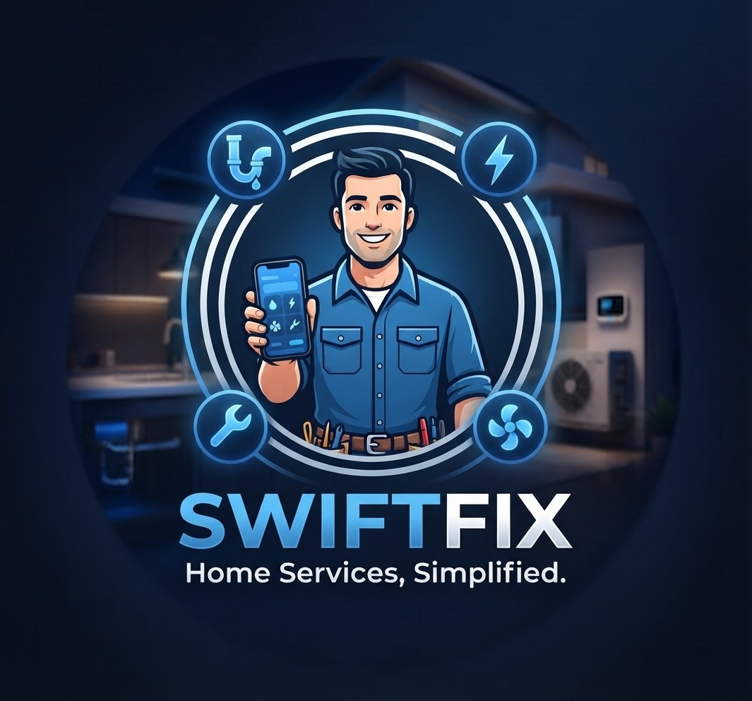Swift Fix — a friendly technician holding the Swift Fix app. Home Services, Simplified.